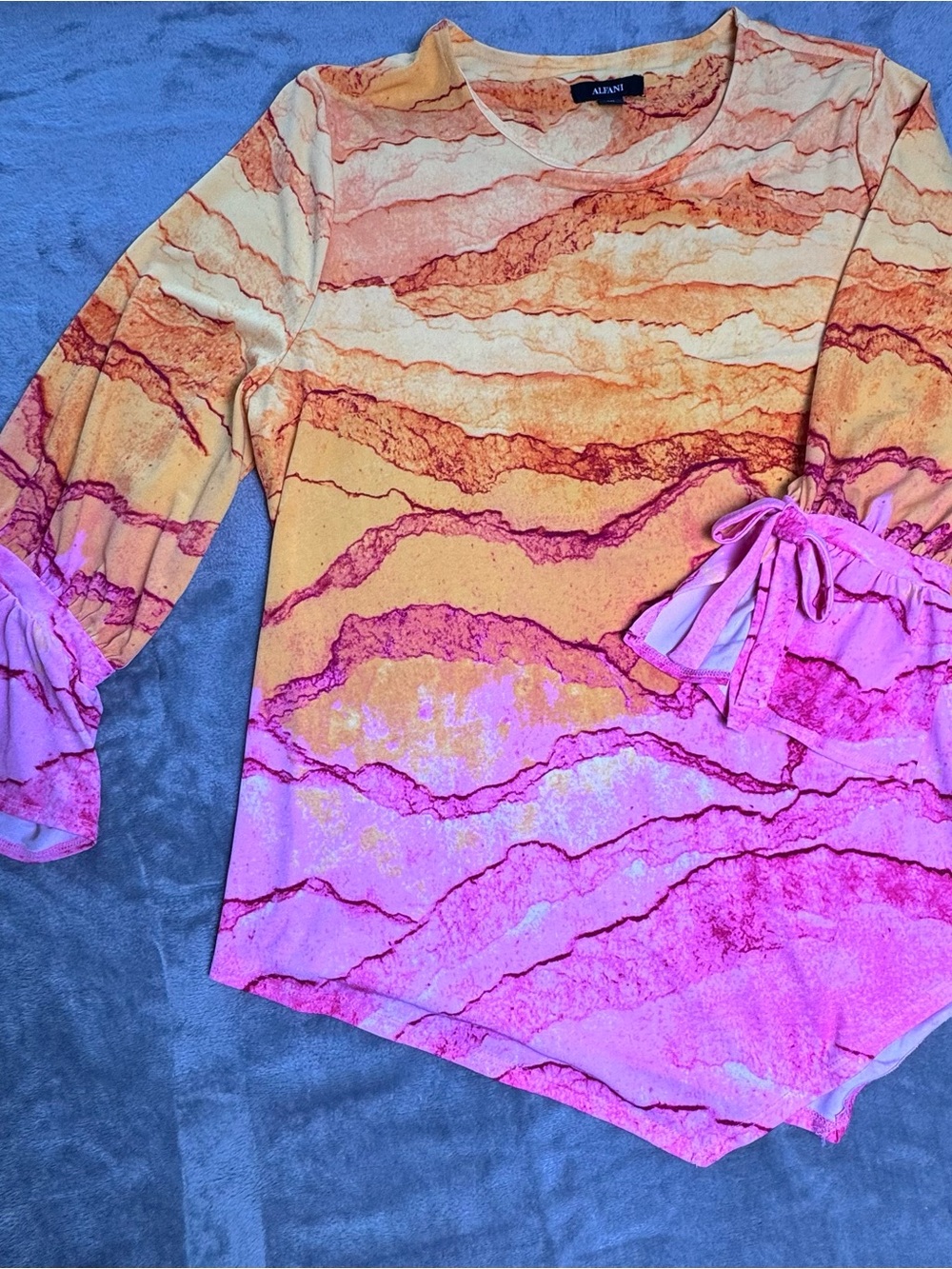 Alfani Pink and Orange Wave-Print Tie-Sleeve Blouse - Picture 2 of 9